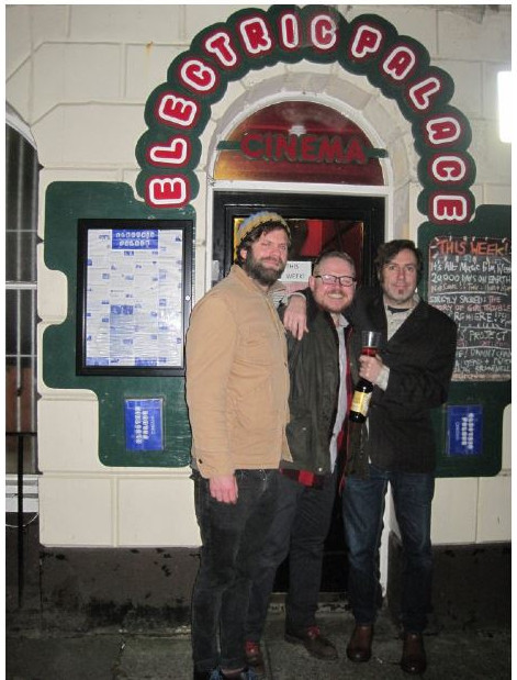Neil Halstead, Peter Bruntnell and Danny George Wilson outside the Electric Palace cinema